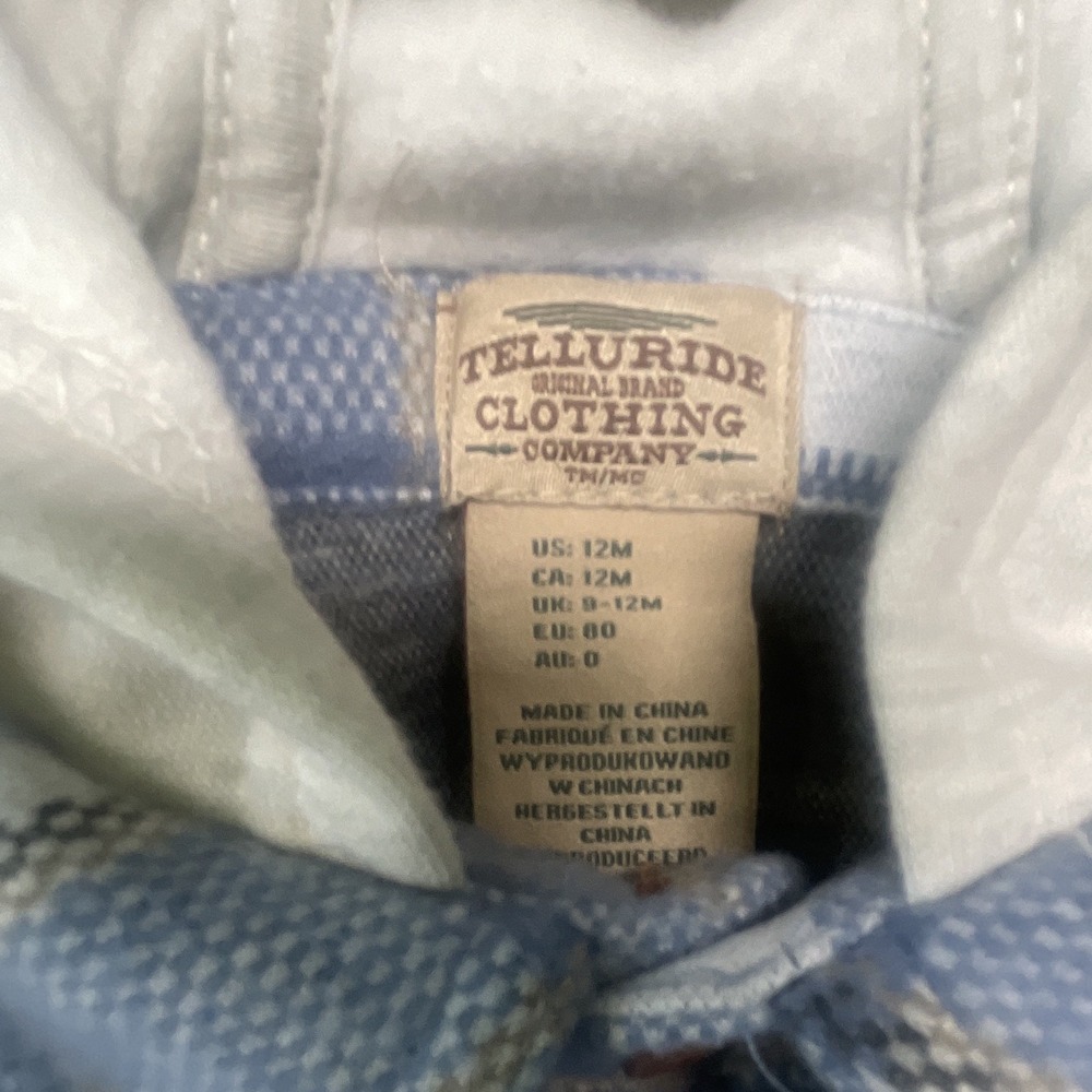 Telluride Clothing Company Blue/White Plaid Hooded Fleece Shirt Jacket 9-12M - Picture 2 of 4
